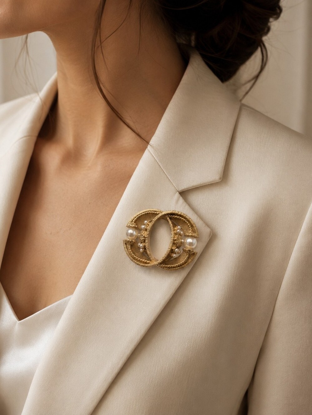 Chanel Gold-Tone Pearl Accent Double-Crescent Brooch
